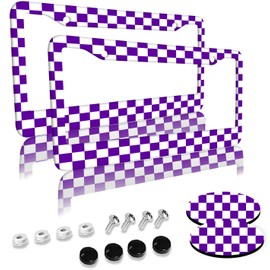 Purple Checkered License Plate Frames 2 Pack 2 Holes Aluminum License Plate Cover with 2 Pcs Car Coasters and Screw and Black Screw Caps for Girl Women Men Gifts