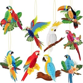 LMSHOWOWO 9PCS Tropical Birds Honeycomb Paper Cutouts, Parrot Hawaiian Summer Beach Tiki Bar Luau Party Hanging Decorations, for Hawaiian Party Decorations Accessories Rainforest Parrot Decoration