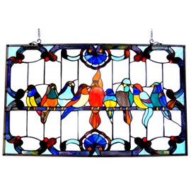 Chloe Lighting Tiffany-Glass Featuring Gathering Birds Window Panel 32X20