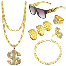 HTTDSLF 8 Piece Hip Hop Costume Set, 80s 90s Outfit, Men's Rapper Accessories for Costume Set, Dollar Chain/Large Golden Chain/Dollar Ring/Golden for Carnival Fancy Dress
