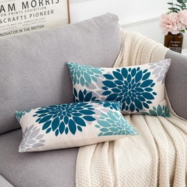 Set of 2 Cushion Covers, 30 x 50 cm, Teal and Grey Sofa Cushion, Geometric Flower, Linen, Square Lumbar Cushion Cover, Abstract Farmhouse Decorative Cushion Covers for Living Room, Sofa, Bedroom