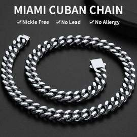 Stainless Steel Mens Cuban Link Chain, Miami Cuban Chain Necklace for Men, 12mm Wide Hip Hop Mens Jewelry, 20"