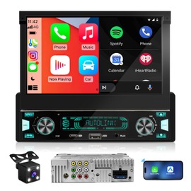 Single Din Flip-Out Touchscreen Radio: 7 Inch Wireless CarPlay Android Auto Car Stereo with Backup Camera Bluetooth 300W 4.2 CHN 2 Subwoofers Outputs Type-C Charge USB AUX