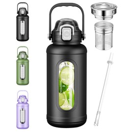 Nefeeko 50 oz Glass Water Bottles, Large Motivational Glass Water Bottle with Time Marker Straw, Wide Mouth Water Bottle Jug with Spout Lid Protective Sleeve for Gym Sports Home(Black)