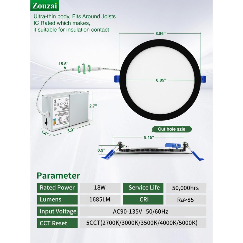 zouzai 1 Pack 8 Inch 1685LM Black 5CCT Ultra-Thin LED