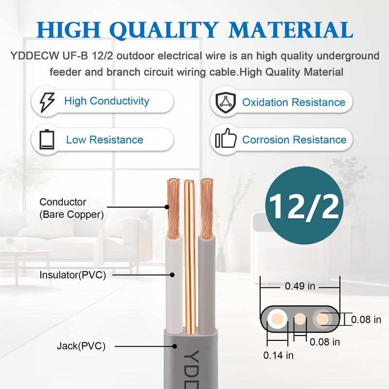 YDDECW 12/2 UF-B Wire - 75FT 100% Pure Copper 12AWG