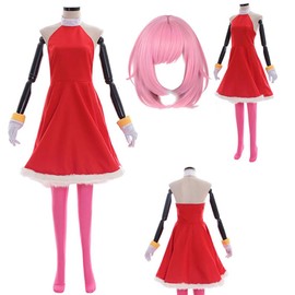ADSUJUD Amy Rose Cosplay Dress Amy Rose Outfit Uniform for Women Full Set (RED+WIG, L)
