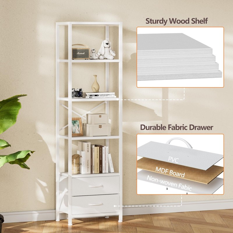 Furnulem 5-Tier Corner Shelf, Narrow Bookshelf with 2 Storage Drawers,
