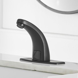 Bathfinesse Touchless Bathroom Sink Faucet, Commercial Auto Motion Sensor Faucet with Plate, Battery or Plug-in Powered, Hot & Cold Mixer Control, Black
