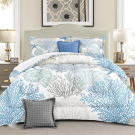 Yilinata Coastal Comforter Set Summer Beach Blue Shells Printed Pattern Quilt Bedding Set with 1 Comforter and 2 Pillow for Bedroom Dormroom All Season Queen 90x90inches