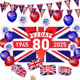 VJ Day 80th Anniversary Decorations Set - Large VJ Day Flag 5x3ft, V J Bunting Banner 10m, Balloons 18pcs, Small V-J Day Flags on Sticks 10pcs, WW2 Victory over Japan 80th Party Decorations