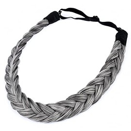 BOBIYA 2 Strand Synthetic Hair Braided Headband Classic Chunky Plaited Braids Elastic Stretch Hairpiece for Women Girl Beauty Accessory (Dark Gray)