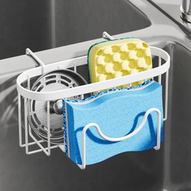 SWTYMIKI Sponge Holder for Kitchen Sink - Movable Kitchen Sink Caddy with M Shape Hook, Stainless Steel Hanging Sponge Caddy for Dish Sponge, Brush, Sink Stopper Organizer in Double Bowl Sink, White