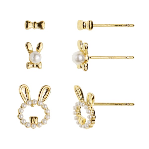 Sonateomber Funny Rabbit Bunny Bow Pearl Tiny Stud Earring Set