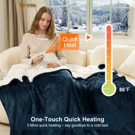FVERWAG Full Size Electric Blanket - Fast Heating Heated Blanket with 6 Heating Levels, 10 Hours Adjustable Timer, Overheat Protection, Washable Flannel Sherpa Heating Blankets 72" x 84", Navy