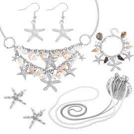 AHANDMAKER 6pcs Mermaid Jewelry Set Including Starfish Hair Clips Shell Necklace Bracelet Starfish Earrings Shell Bag for Women Summer Beach Travel Jewelry Costume Accessories