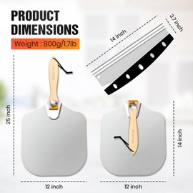 ARRAS Pizza Peel Aluminum Pizza Spatula Set, 12x14 Inch Metal Pizza Paddle With Rocker Cutter Foldable Wooden Handle Pizza Server, for Family Pizza Oven Baking Pizza, Dough, Bread & Pastry