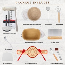 Sourdough Bread Baking Supplies, 23P Sourdough Starter Kit,30oz Sourdough Starter Jar Kit, Cotton Rope Banneton Bread Proofing Basket with Bread Lame, Scraper, Dough Whisk, Gifts for Bakers Women