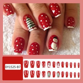24Pcs Christmas Press on Nails Short Square - WLGDLH Red Fake Nails White French Coffin False Nails Press Ons Nail Art Tips With Snowman Snowflake Design Acrylic Nail Kit for Women Christmas Decor