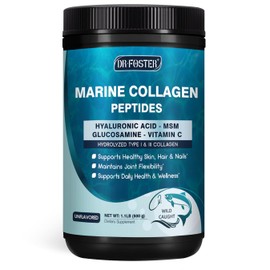 DRFOSTER Péptidos de colágeno marino en polvo con MSM + GC, colágeno multitipo I y III con ácido hialurónico, vitaminas C y E para piel, cabello y uñas, pescado silvestre.