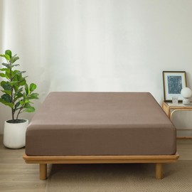 MooMee Fitted Bottom Sheet Only 100% Washed Cotton Linen Like Textured Breathable Durable Soft Comfy Deep Pocket Fits Mattress up to 17" (Brown, Queen)
