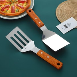 Stainless Steel Spatula Set, 2 Piece Barbecue Cutlery Set, Kitchen plancha spatulas, Smooth and Perforated spatulas with Wooden Handles for teppanyaki, Burgers, Steak, Pizza, Baking Tray