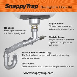 Snappy Trap Single Kitchen Sink Drain Kit, 1-1/2" with Flexible P-Trap, All-in-One Drain Kit for Single Bowl Kitchen Sinks, Universal Compatibility, No-Tool Easy Installation (DK-100 Silver)