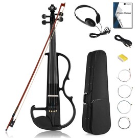 Vangoa Electric Violin Full Size 4/4, Black Silent Electric Violin, Solid Wood Metallic Electric Fiddle with Ebony Fittings, Beginner Kit for Adults Teens