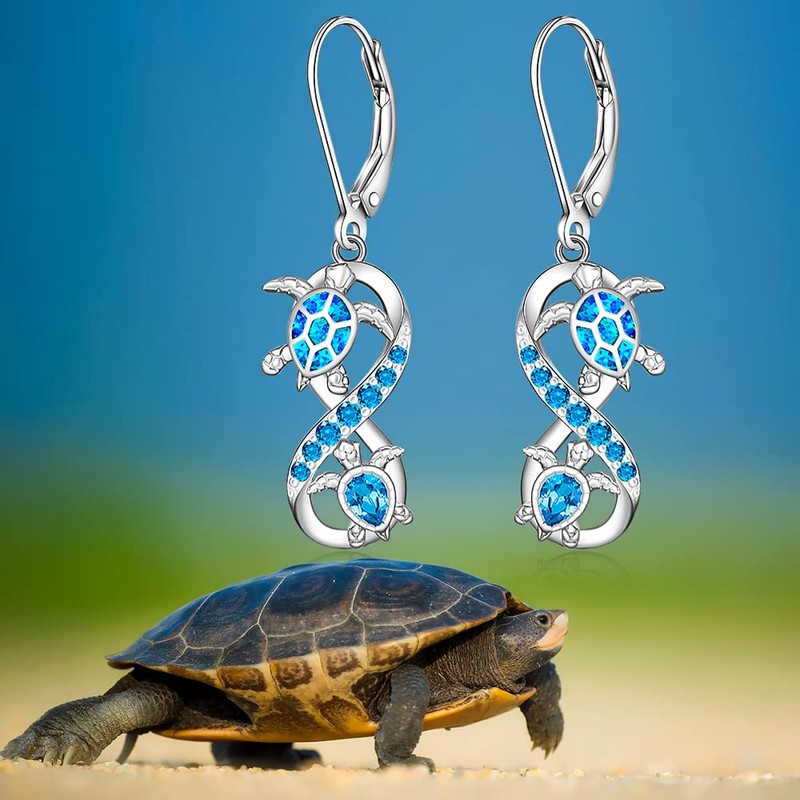 Turtle Earrings for Women Sterling Silver Infinity Blue Opal Sea