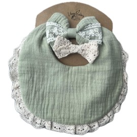 Baby Girl Gift Set, BoHo Muslin Bib with Lace and Matching Bows, Absorbent Cotton Adjustable Bib for Newborn Infant Toddler (Sage Green)