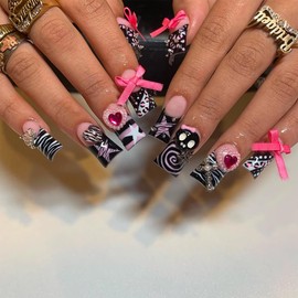 24 Pcs Press on Nails Medium YEFIUO Pink Nail Tips Acrylic Nail Kit Square Fake Nails Press ons Stick on Nails Full Cover Reusable Artificial False Nail Black French Bow Charms Glue on Nails for Women