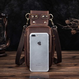 Le'aokuu Mens Genuine Leather Coffee Fanny Small Messenger Shoulder Satchel Waist Bag Pack (V832 DB)