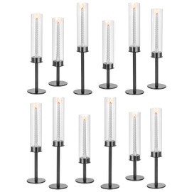 Hurricane Candle Holder Black Candlestick: Glasseam Candlestick Holders for Taper Candles Bulk 12, Modern Candle Stick Candle Holder with Glass Chimney, Fireplace Candle Holder for Dining Table Decor