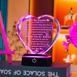 Arikyrist Daughter Gifts from Mom, Crystal Heart to My Daughter Birthday Gifts with Colorful LED Base Meaningful Gift for Daughter on Christmas Graduation Valentines