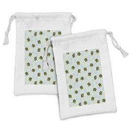Ambesonne Queen Bee Fabric Pouch Set of 2, Repeating Hand Drawn Flying Bees and Flowers, Small Drawstring Bag for Toiletries Masks and Favors, 9" x 6", Pale Blue Yellow