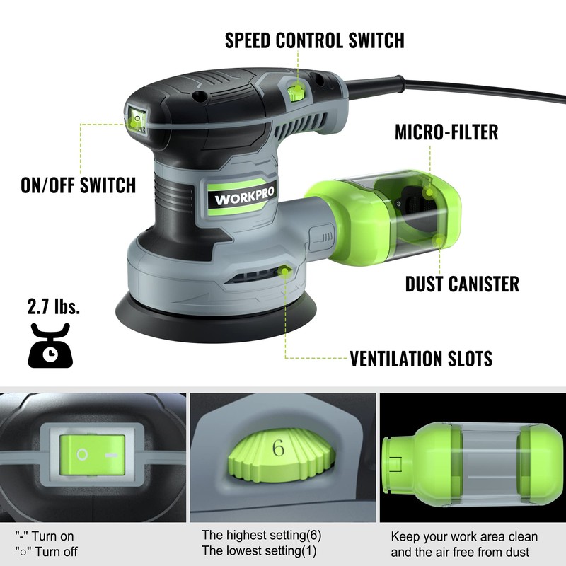 WORKPRO 5-Inch Random Orbit Sander, 6 Variable Speeds 7000 to
