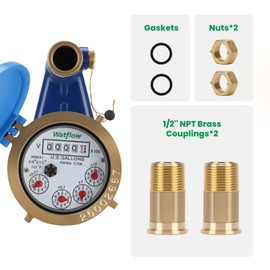 Watflow DN15 Vertical Water Meter with 1/2" NPT Couplings, Heavy Brass Cold Water Meter Measuring in Gallon, for Garden or Factory, Multi-Jet Vertical Install(No Lead-Free)