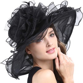Original One Women's Organza Feather/Veil Tea Party Occasion Derby Event Church Dress Sun Hat (Black)