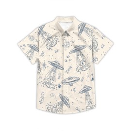 Owlfder Hawaiian Shirts for Men Funny Cat Spacecraft Planet Print Summer Casual Beige Button Down Shirts for Beach Vacation