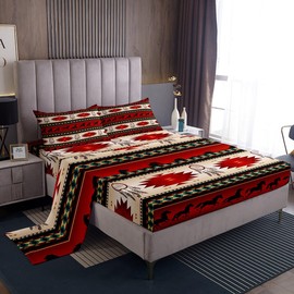 Erosebridal Horse Fitted Sheet Dream Catchers Sheet Set for Cowboy Cowgirl,Southwestern Native Aztec Horses Bed Sheets Bohemian Tribe Flat Sheet Full Size Farmhouse Wildlife Bedroom Decor,Red
