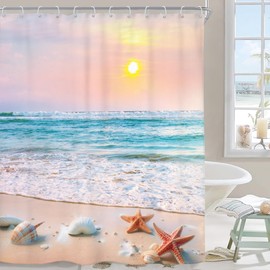 Riyidecor Beach Ocean Coastal Shower Curtain Seaside Sunset Scenery Hawaii Landscape Summer Beachy Waves Blue 72Wx72H Inch Seascape Neutral Fabric Decor Bathroom Polyester Waterproof 12 Pack Hooks