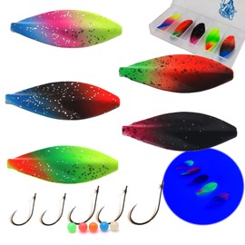 Njord Kalastus Inline Spoon Trout Complete Set with 5 x Hooks and 5 x Beads in Box 4 g UV Active Flow Indicator Trout Bait Inline Spoon Inline Flow Spoons (4 g, Set of 5)