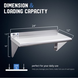 Profeeshaw NSF Stainless Steel Shelf 12” x 24”, 230 lb Commercial Shelves Wall Mounted Metal Shelving with Backsplash and 2 Brackets for Restaurant, Bar, Utility Room, Kitchen and Garage