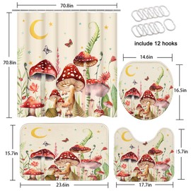 Arttown Mushroom Bathroom Set with Shower Curtain and Rugs Accessories, Beige Red Floral Floral Shower Curtains, Beige and Red Bathroom Decor 4 Pcs