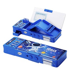 AIMALL 10.6-inch Multi-Functional Pencil Case with Lock, Space Astronaut Design, Whiteboard Writing Board, Built-in Sharpener, Calendar & Storage Compartments for School and Office Use