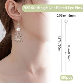 Beebeecraft 100Pcs 50mm/2in Loop Head Pins Flat Head Open Eye Pins 925 Sterling Silver Plated Brass Jewelry Findings for Making Earrings Bracelets Necklaces Hole:1.6mm/0.06in