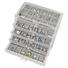 HOUKANWE Acrylic Earring Holder Organizer with 5 Drawers Clear Earring Organizer Box with 90 Adjustable Grids Velvet Earring Display Case Jewelry Organizer for Earrings Rings Studs (Grey)