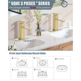 Casavilla Bathroom Sink Faucet, Brushed Gold Bathroom Faucets with Pop-up Drain and Vessel Sink Hole Cover 6", Stainless Steel Bathroom Faucet 3 Hole, Single Handle Faucet for Bathroom Sink-2 Sets