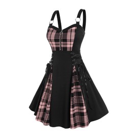 Rosegal Gothic Lace Up Plaid Half Zipper Fit and Flare Gothic Dress(Pink_1/4X)