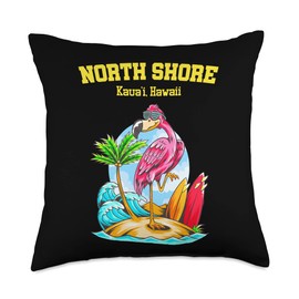 Kauai Hawaii Surfing Spots Breaks North Shore Beach Flamingo Ocean Surfboard Throw Pillow, 18x18, Multicolor